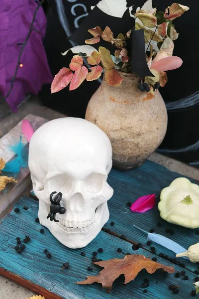Composición Halloween Decorativa Del Cráneo Las Hojas Otoñales Las Iluminaciones — Foto de Stock