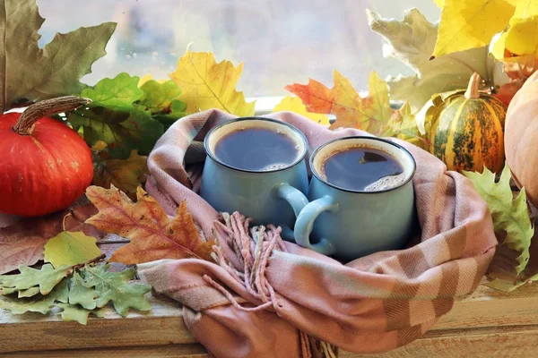 Two cups of coffee, pumpkins, leaves, a plaid on a window background, home comfort concept, Thanksgiving, autumn season