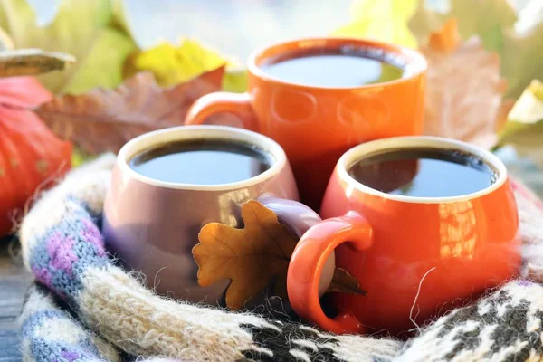 Üç fincan kahve, balkabağı, yapraklar, arka planda yün bir eşarp, ev konforu, aile, Şükran Günü, sonbahar sezonu