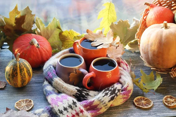 Üç fincan kahve, balkabağı, yapraklar, arka planda yün bir eşarp, ev konforu, aile, Şükran Günü, sonbahar sezonu