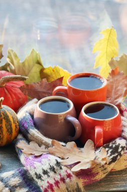Üç fincan kahve, balkabağı, yapraklar, arka planda yün bir eşarp, ev konforu, aile, Şükran Günü, sonbahar sezonu