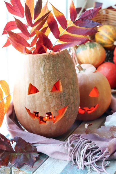 Halloween Komposition Aus Laternen Einem Warmen Schal Kürbissen Illuminationen Vor — Stockfoto