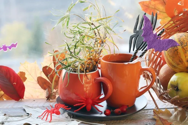 Halloween Dekor Ein Paar Tassen Mit Einem Getränk Spinnen Kürbisse — Stockfoto