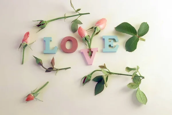 Multi Colored Letters Word Love Decorated Rosebuds Petals Hearts Romantic — Stock Photo, Image