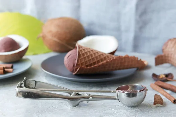 Homemade Ice Cream Waffle Cones Coconuts Kitchen Table Preparing Healthy — Stock Photo, Image