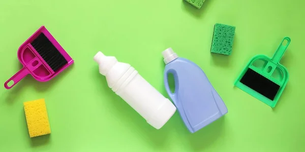 Liquid Detergents Plastic Bottles Brushes Sponges Cleaning House Bright Green — Stock Photo, Image