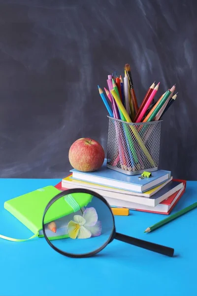 Back to school, stationery, magnifying glass, stack of books, apple on the table, home learning concept, part of kids room interior