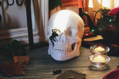Cadılar Bayramınız kutlu olsun, kafatası, mistik dekor, çerçeveler, aydınlanma ve gölgeler, tatil için bir ev hazırlama konsepti, Ekim, sonbahar