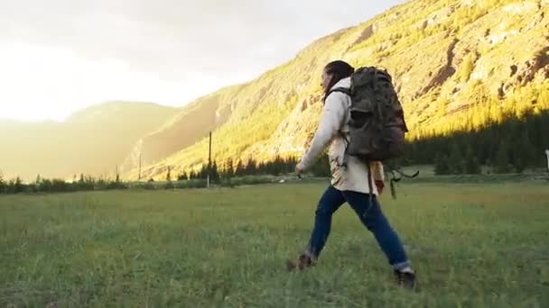 Hiker backpacker flicka gå på det gröna fältet — Stockvideo