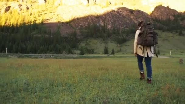 Wanderin Backpacker Mädchen zu Fuß auf der grünen Wiese — Stockvideo