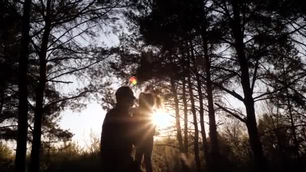Silhouette af bedstefar kaste op, kredser lille glad barnebarn, skov – Stock-video