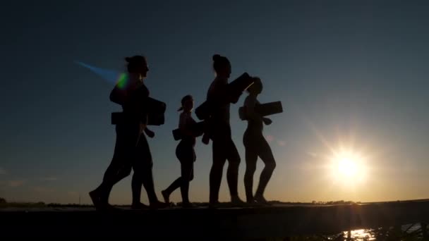 Silhouette di donne felici gruppo insieme andando in allenamento di fitness, sport pronto — Video Stock