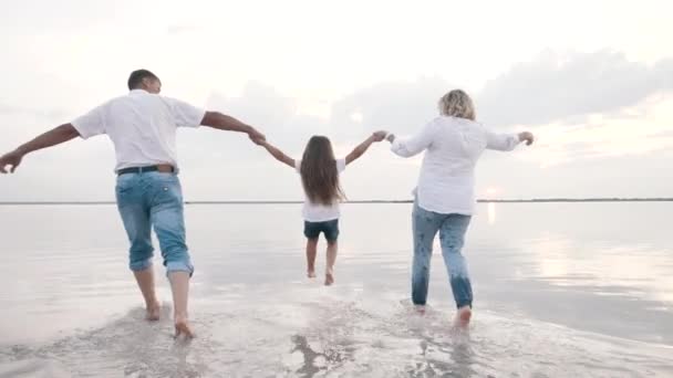 幸せな楽しいアクティブな家族の娘を運ぶ、一緒に屋外で手を取り合って歩く — ストック動画