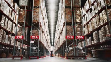 Modern bir dağıtım merkezinde çalışma gününün zaman aşımı. Forklift işçileri çeşitli malları depoya taşıyıp taşıyorlar. Nakliye ve ikmal zincirinde dinamik bir çalışma günü