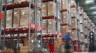 Forklift kullanan işçilerin dağıtım merkezindeki bir depoda kutu taşımalarının hızlandırılmış videosu. Çeşitli ürünlerin bulunduğu karton kutular yüksek raflarda yığılmıştır. Modern lojistik kavramı
