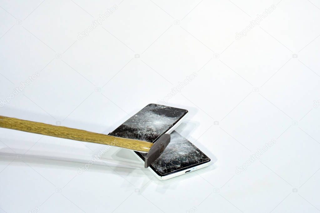 Cell phone with the screen broken by a hammer
