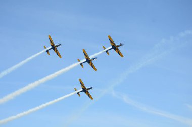 Pirassununga, Brezilya - 28 Ağustos 2015 - A-29 Super Tucano oluşumu uçuş Brezilyalı duman filosu