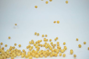 Beyaz arka planda soya fasulyesi yığını hakkında görünüm