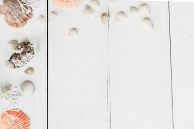 Vintage Fotoğraf Çerçevesi ile deniz kabukları ahşap masa üst arka plan üzerinde