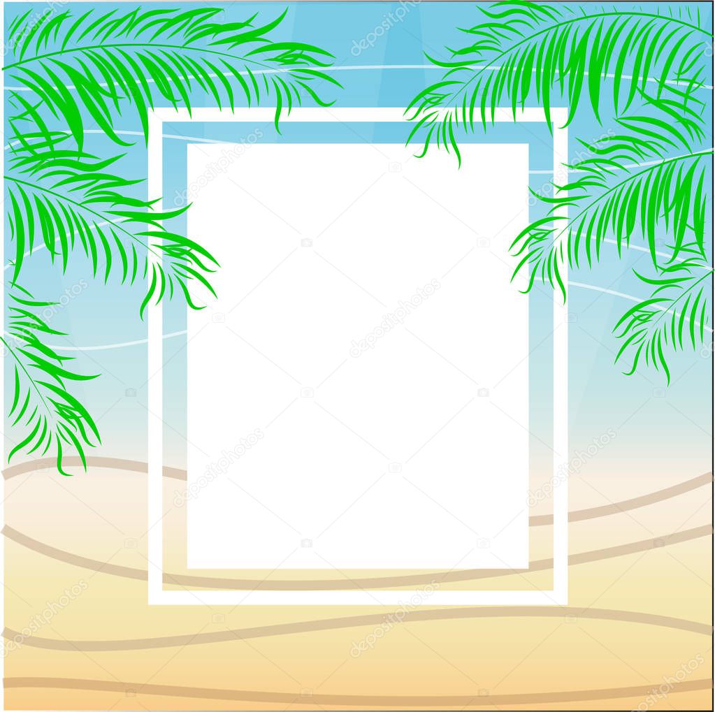 Tropical summer beach party poster design. Illustration of palm trees with halftone effect on striped colorful sunset background