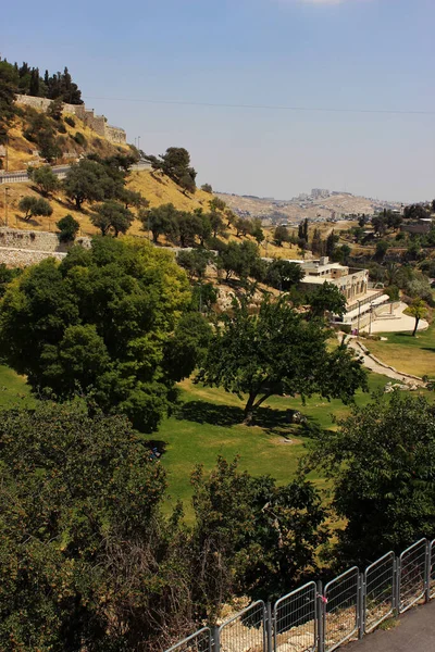 Kudüs 'ün batı tepesinin güneyindeki Zion Dağı' ndan Kudüs 'ün yeşil tepelerine bakın. Baharda dağlarda Kudüs. İsrail ve Filistin sınırındaki duvarın manzarası.