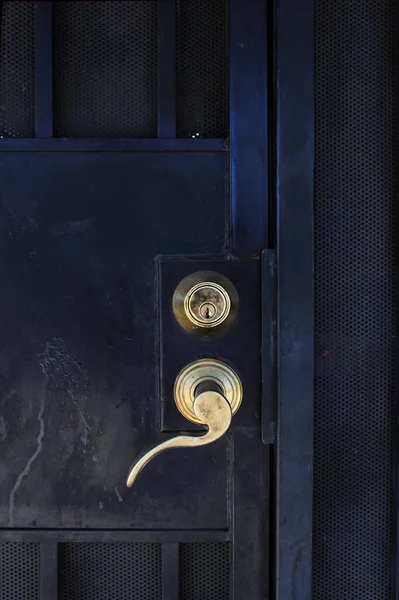 Gold-plated metal door handle on a black iron door with a grille. Door handle with lock on closed door.