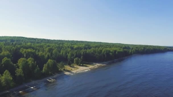 Scène aérienne de vol latéral au-dessus du rivage du lac en forêt 