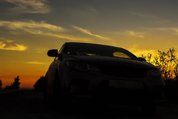 Arrêt Une Nuit Voiture Itinérante Sur Bord Route Coucher Soleil — Photo