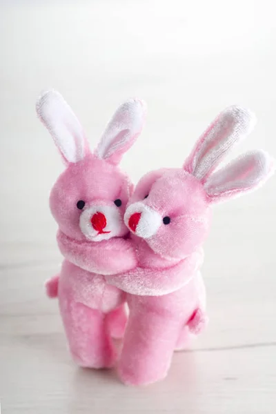 Pink toy bunnies hugging in valentines day