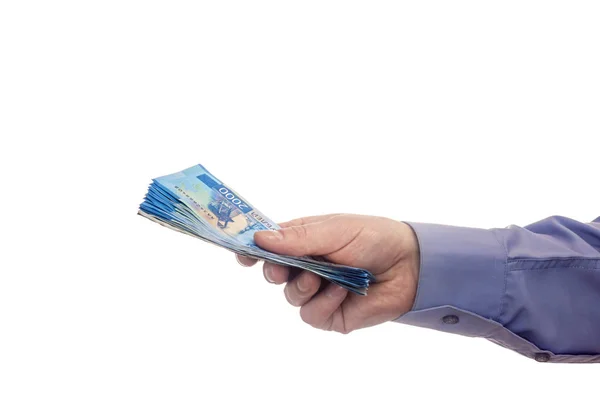 Human Hand Gives Rubles Cash Money — Stock Photo, Image