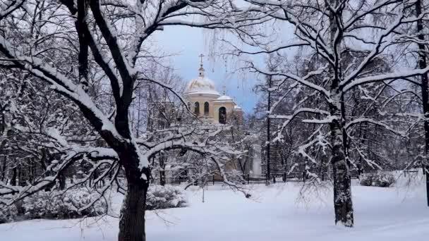 Tilting Orthodox Cathedral Church Snowy Trees Winter — Stock Video