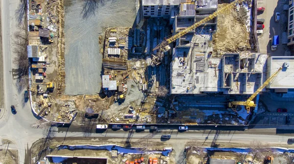 Aerial Flat View Cranes Construction Site Building Downtown — Stock Photo, Image