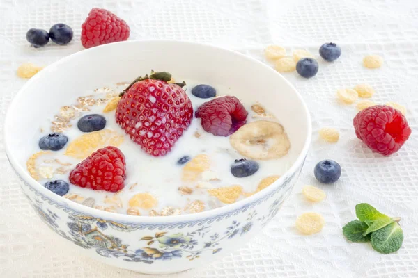 Lapte Muesli Fructe Pădure Pentru Micul Dejun — Fotografie, imagine de stoc