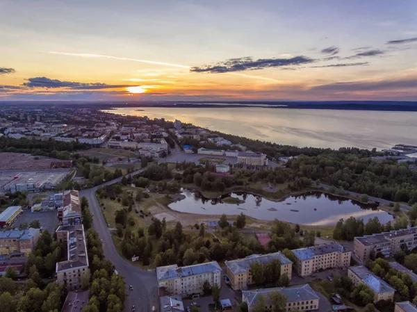 Aerial Panorama Över Night City Sjön Sommaren — Stockfoto