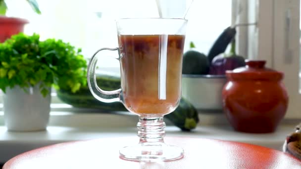 Pouring Fresh Milk Black Hot Coffee — Stock Video