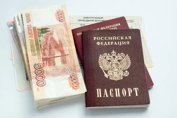 Passports Russian Citizen Ruble Banknotes Cash Train Tickets — Stock Photo, Image