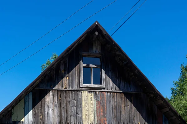 Upper Part Old Wooden Village House Gable Roof Window — Stock Photo, Image