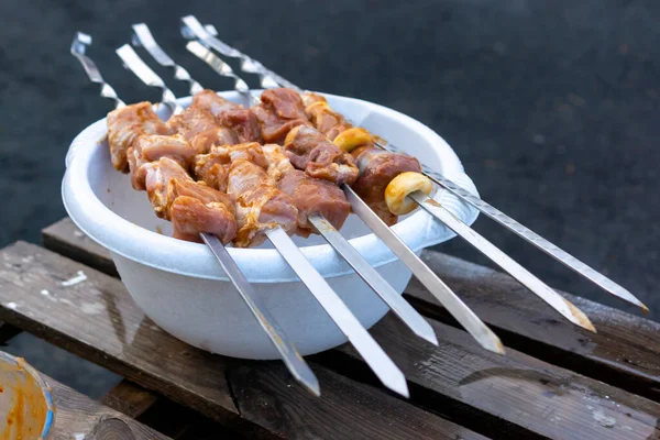 新鮮なジューシーな漬物肉と串焼きピクニックのためにフライパン — ストック写真