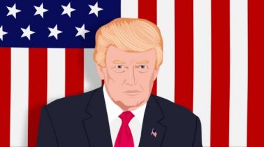 Donald Trump konuşuyor ve Amerikan bayrağı arka planı el ile tehdit ediyor. Çizgi film. Döngü sorunsuz imkanı