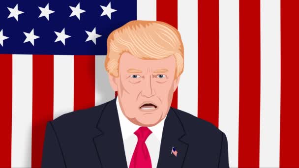 Donald Trump Mluví Hrozí Rukou Pozadí Americké Vlajky Karikatura Bezproblémová — Stock video