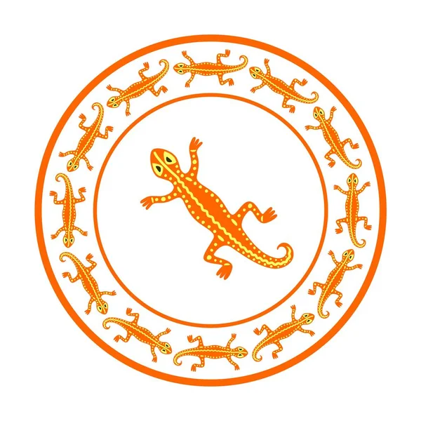 Cadre Circulaire Lézards Orange Basé Sur Des Motifs Ethniques Africains — Image vectorielle