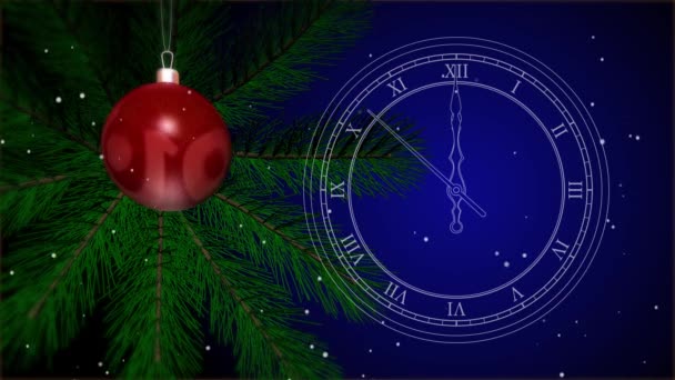 Juguete de Año Nuevo 2019 en un árbol de Navidad. Reloj de contorno blanco vintage. Últimos 10 segundos hasta las 12 en punto. Imágenes de material 4K — Vídeo de stock