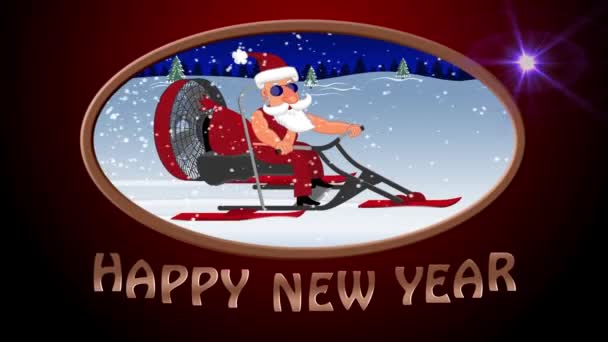 Feliz Ano Novo. Mau Papai Noel em um aerosleigh passeios com presentes — Vídeo de Stock