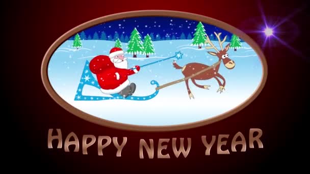 Happy New Year. Santa Claus sleigh rides with a bag of gifts in a snowy forest — Stock Video