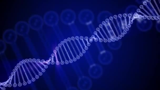 Вращающаяся Молекула Днк Светится Голубом Фоне Рендеринг Зацикленная Анимация Генетическая — стоковое видео