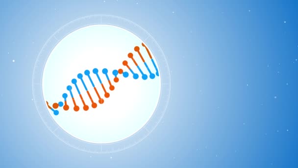 旋转蓝橙色 Dna 位于左侧 对显微镜的未来主义看法 蓝色数字背景 遗传学概念 医学或科学的概念 — 图库视频影像