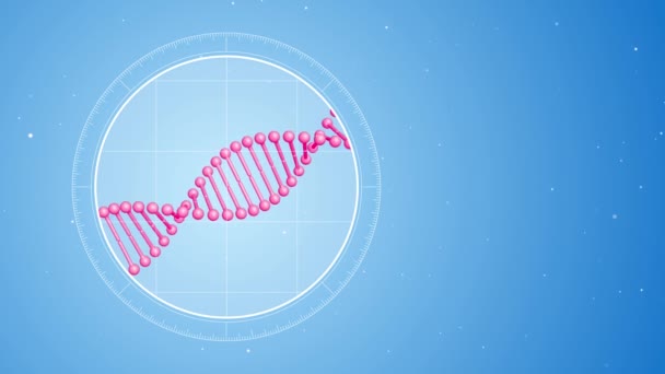 ピンクの Dna 分子を回転します 左側に位置します 顕微鏡に未来的な眺め レンダリングされたアニメーション ブルーのデジタル背景 遺伝学の概念 医学や科学の概念 — ストック動画