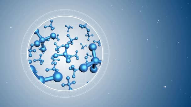 抽象分子的动画 位于左侧 对显微镜的未来主义看法 渲染动画 蓝色数字背景 医学或科学的概念 — 图库视频影像