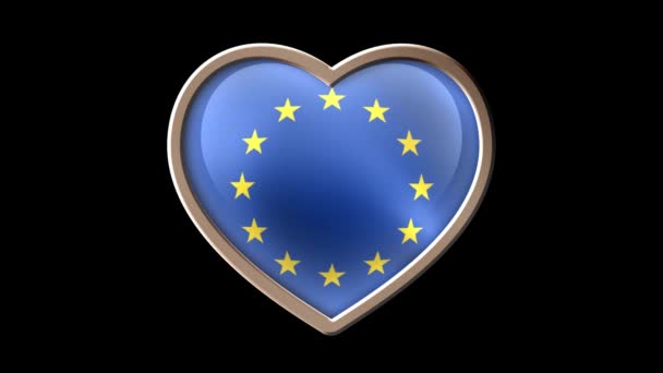 Corazón bandera de Europa aislado en luma negro mate. Patriotismo — Vídeo de stock