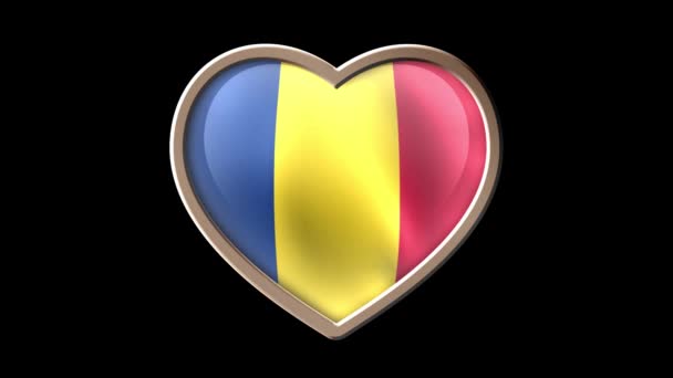 Animada Romênia Bandeira Coração Isolado Preto Luma Matte Patriotismo Looping — Vídeo de Stock